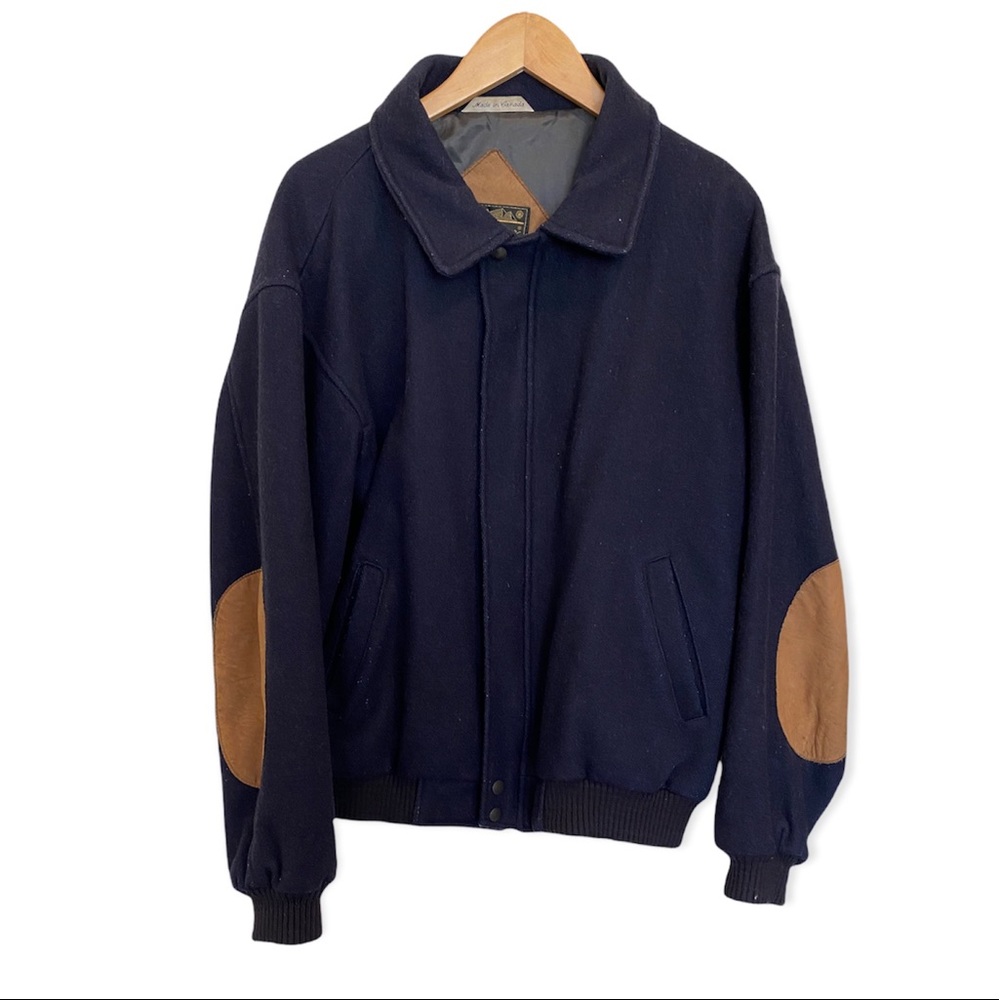 Eddie Bauer VINTAGE Wool Bomber Jacket Lined w/Leather Elbow Patches Size Large